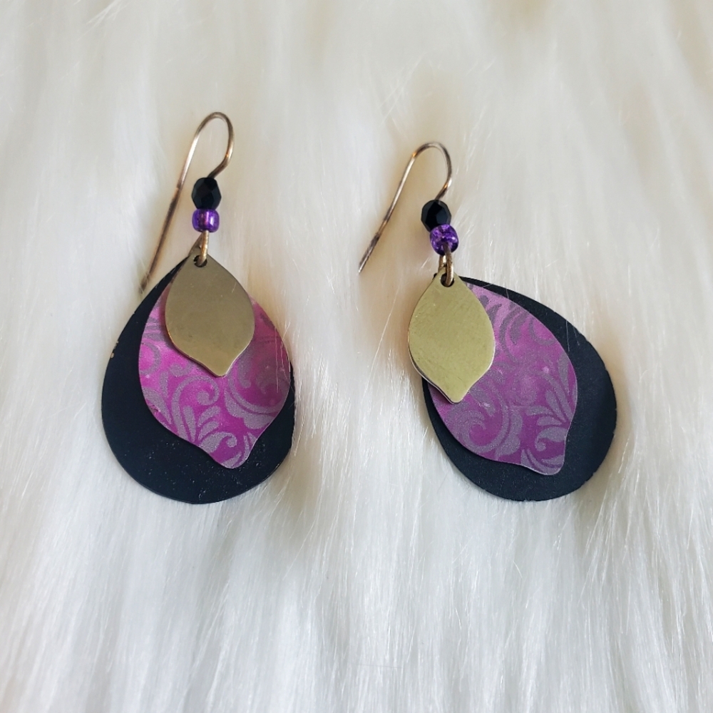 Purple sliver and black teardrop dangle earrings